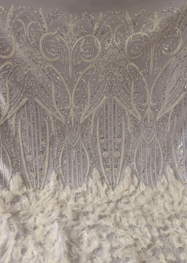White Beaded with White Feathers Lace / Metre