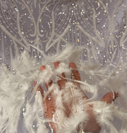 White Beaded with White Feathers Lace / Metre