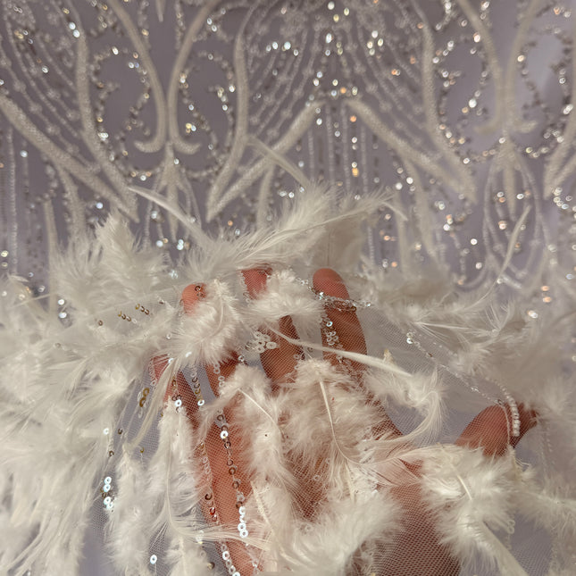 White Beaded with White Feathers Lace / Metre