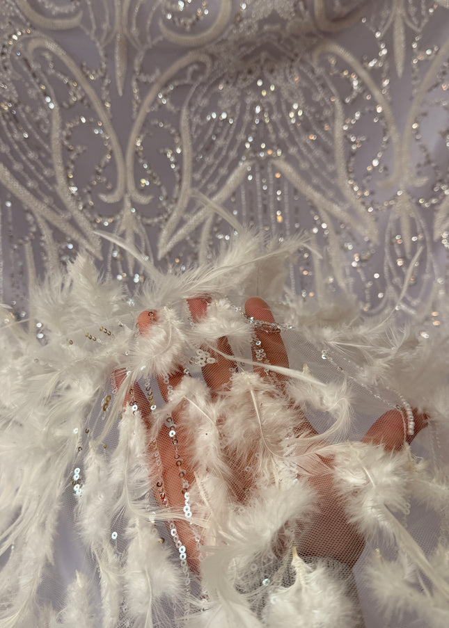 White Beaded with White Feathers Lace / Metre