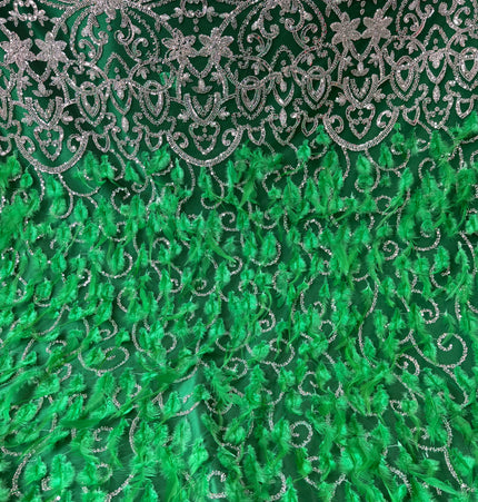 Green Beaded with Green Feathers Lace / Metre