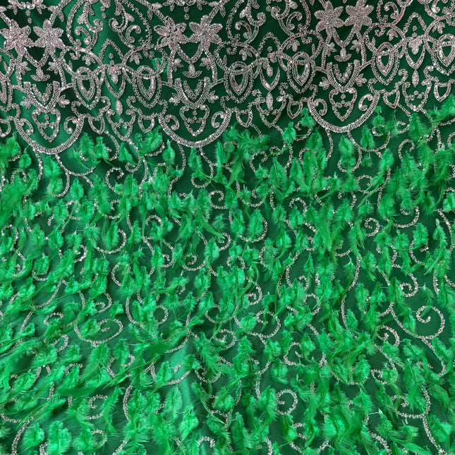 Green Beaded with Green Feathers Lace / Metre