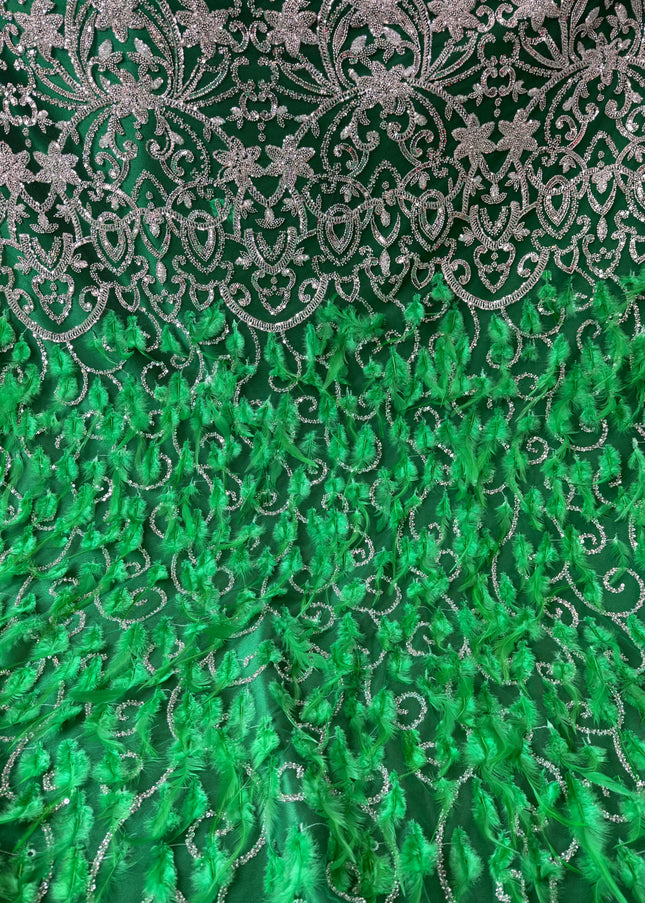 Green Beaded with Green Feathers Lace / Metre