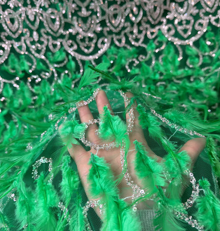 Green Beaded with Green Feathers Lace / Metre