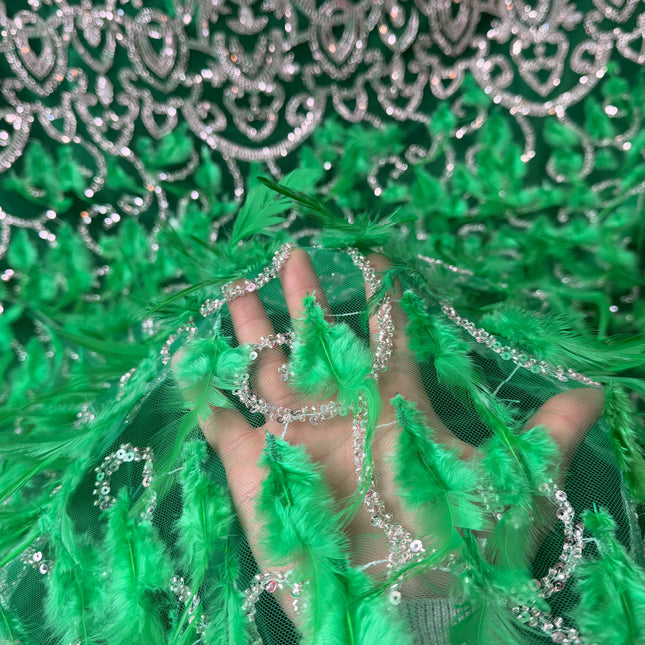 Green Beaded with Green Feathers Lace / Metre