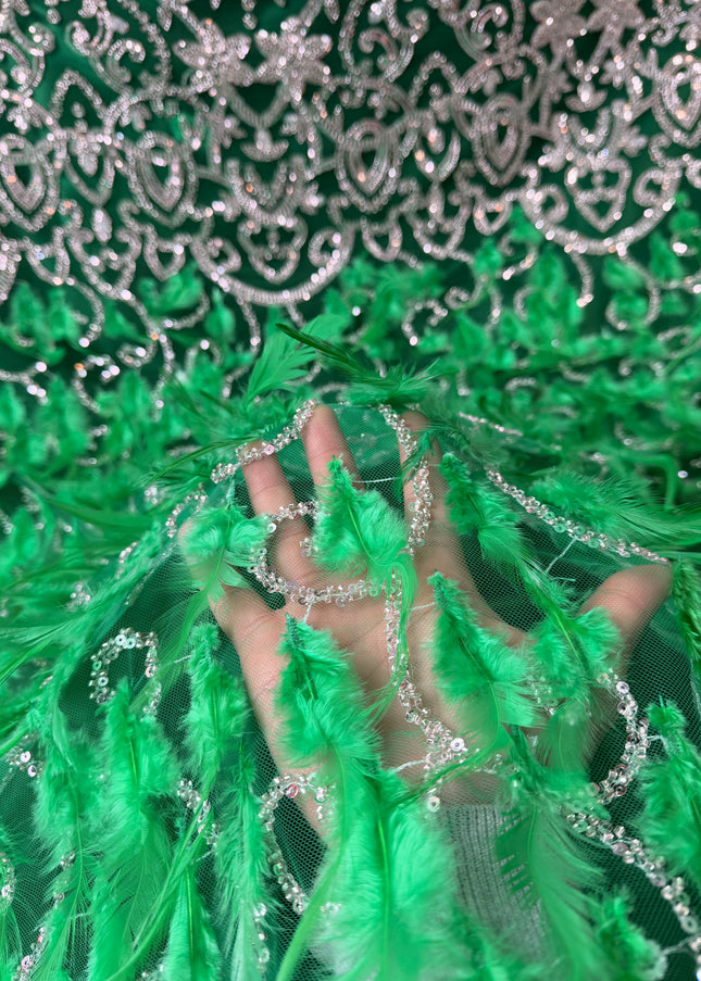 Green Beaded with Green Feathers Lace / Metre