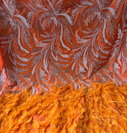 Orange Beaded with Orange Feathers Lace / Metre