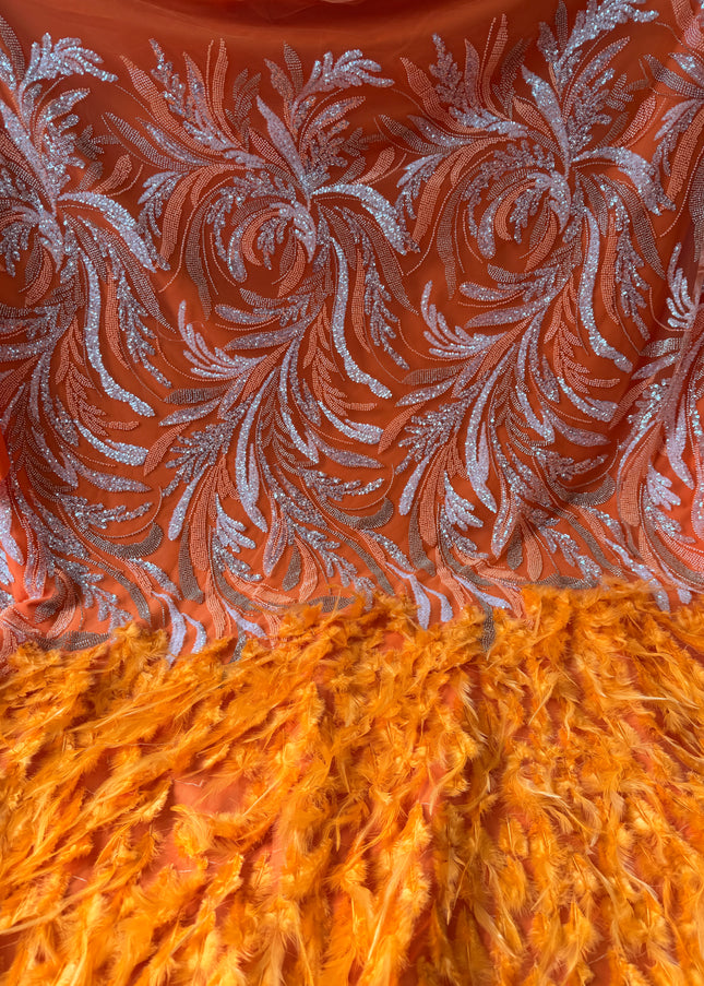 Orange Beaded with Orange Feathers Lace / Metre