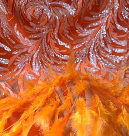 Orange Beaded with Orange Feathers Lace / Metre