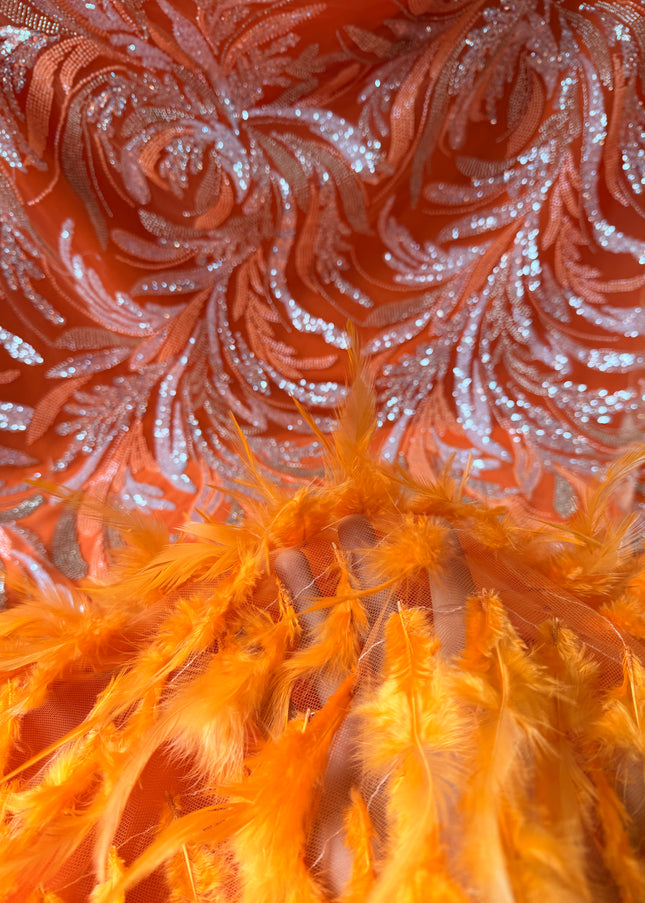 Orange Beaded with Orange Feathers Lace / Metre