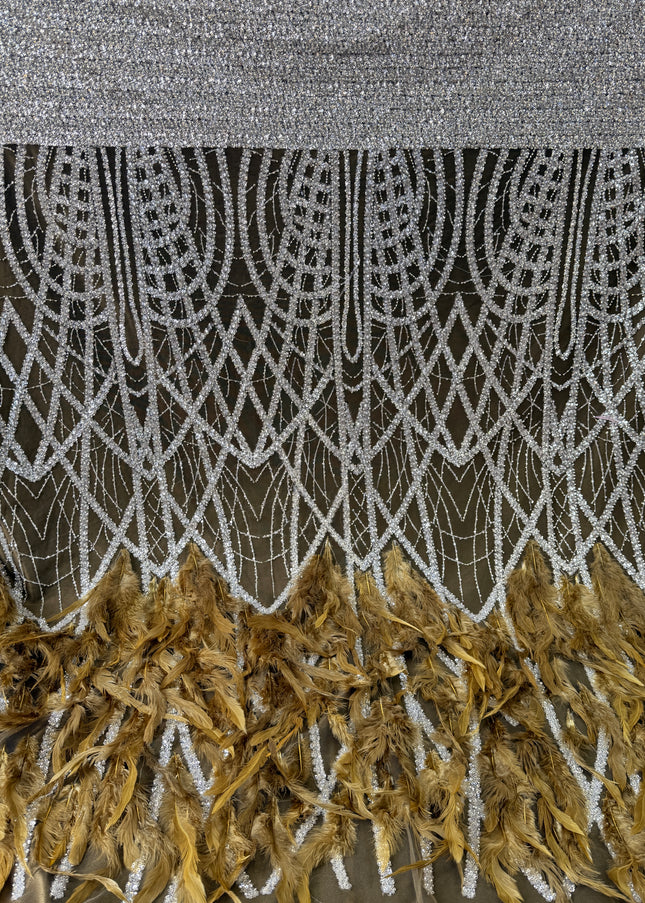 Olive Green Beaded with Olive Feathers Lace / Metre