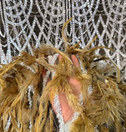 Olive Green Beaded with Olive Feathers Lace / Metre