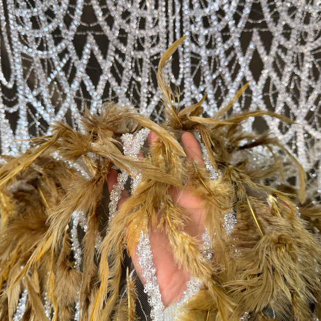 Olive Green Beaded with Olive Feathers Lace / Metre