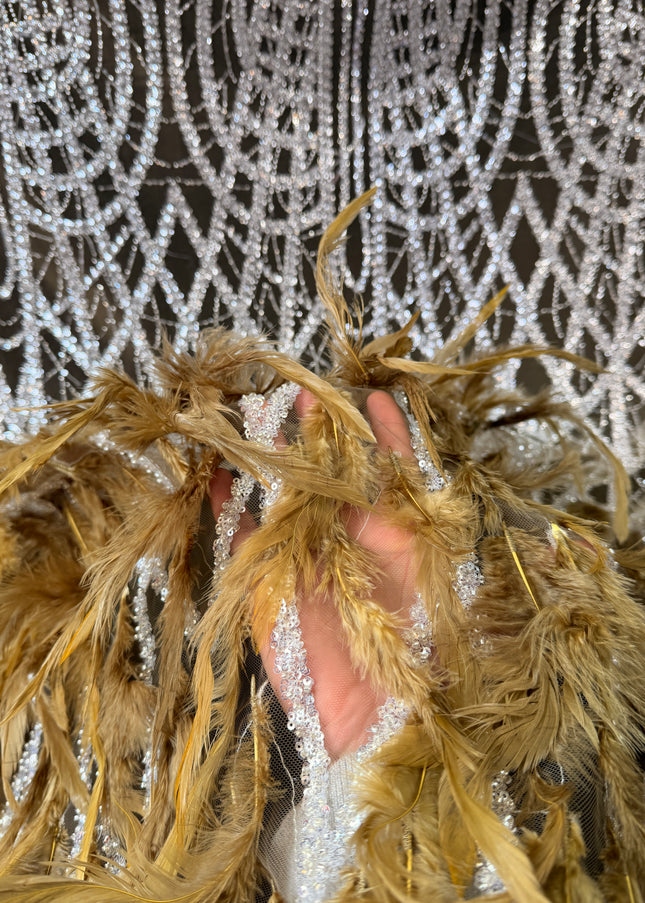 Olive Green Beaded with Olive Feathers Lace / Metre