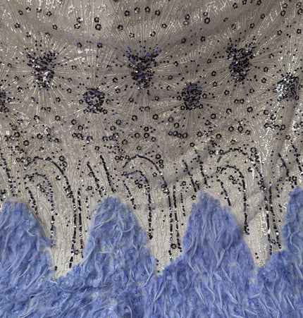 Cornflower Blue Beaded with Cornflower Feathers Lace / Metre
