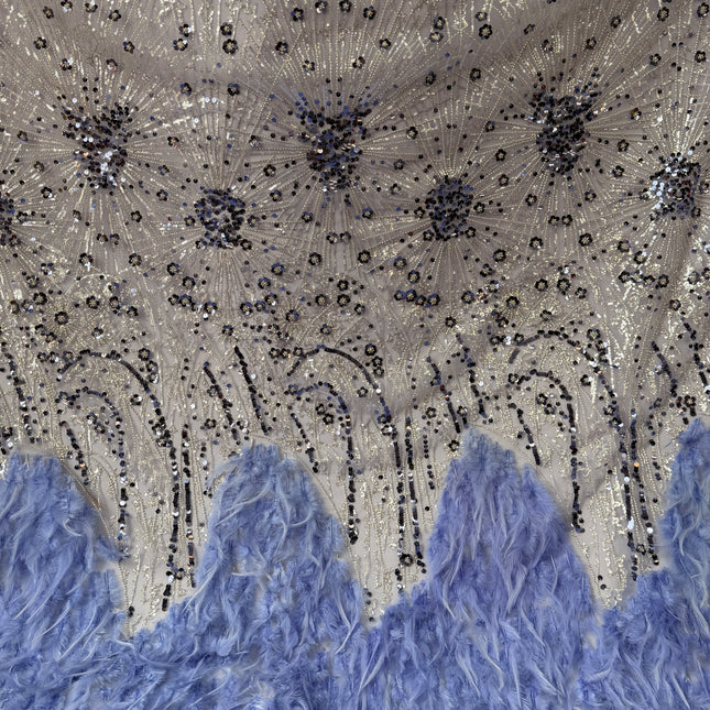 Cornflower Blue Beaded with Cornflower Feathers Lace / Metre