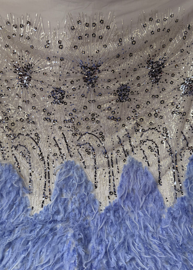 Cornflower Blue Beaded with Cornflower Feathers Lace / Metre