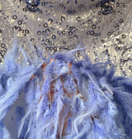 Cornflower Blue Beaded with Cornflower Feathers Lace / Metre