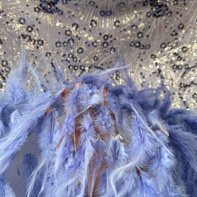 Cornflower Blue Beaded with Cornflower Feathers Lace / Metre