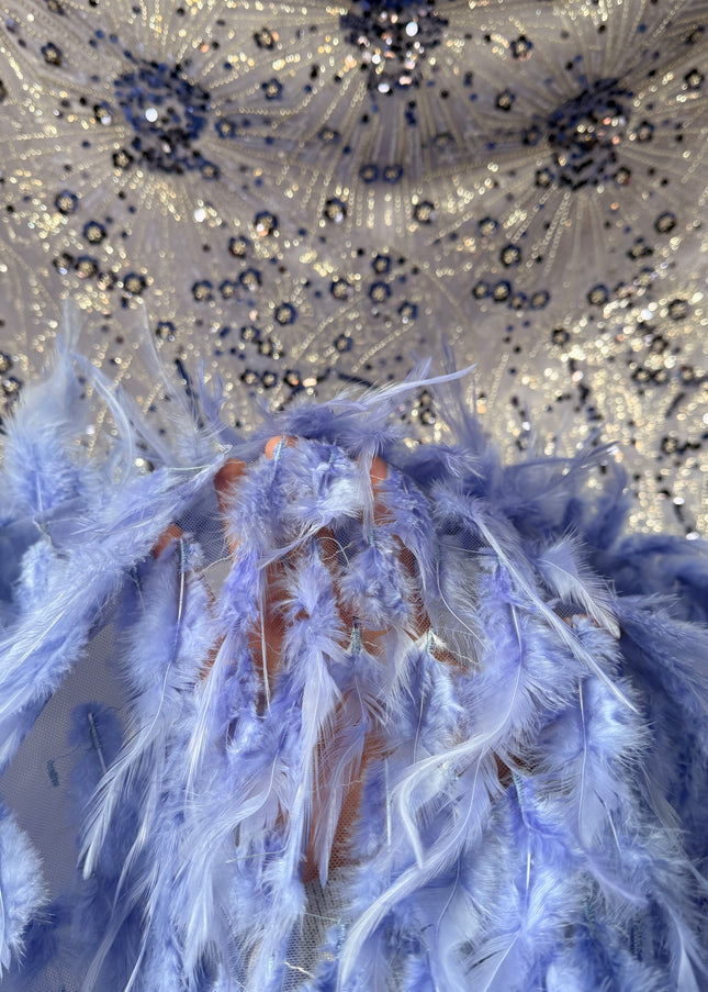 Cornflower Blue Beaded with Cornflower Feathers Lace / Metre