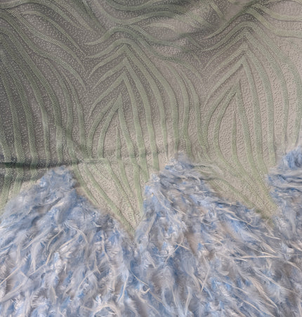 Light Teal Blue Beaded with Sky Blue Feathers Lace / Metre