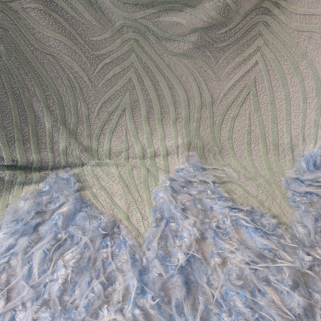 Light Teal Blue Beaded with Sky Blue Feathers Lace / Metre