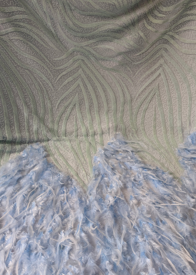 Light Teal Blue Beaded with Sky Blue Feathers Lace / Metre