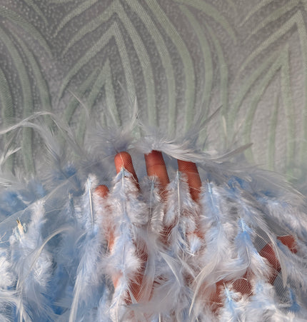 Light Teal Blue Beaded with Sky Blue Feathers Lace / Metre