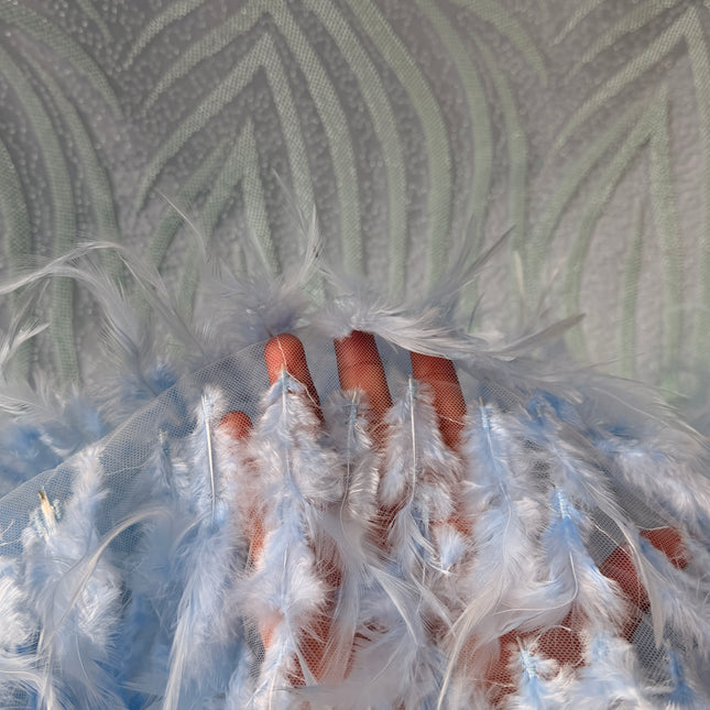 Light Teal Blue Beaded with Sky Blue Feathers Lace / Metre