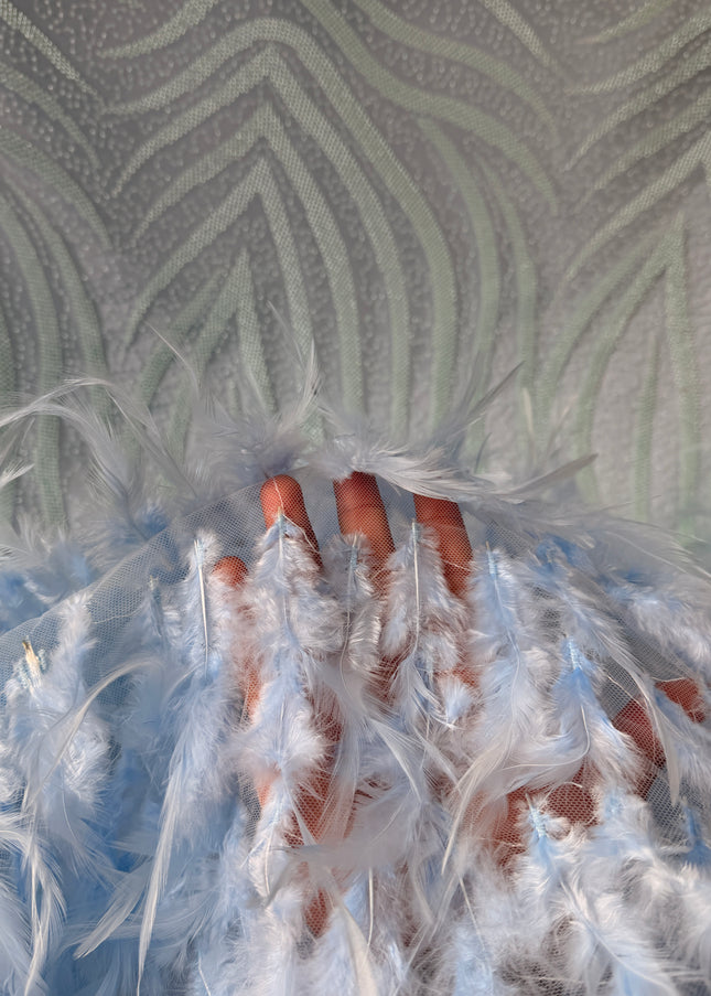 Light Teal Blue Beaded with Sky Blue Feathers Lace / Metre