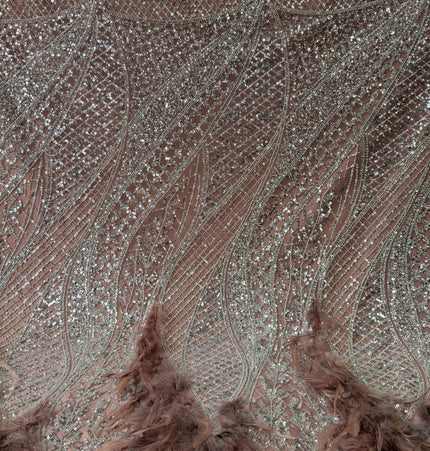 Dusty Pink / White Beaded with Dusty Pink Feathers Lace / Metre