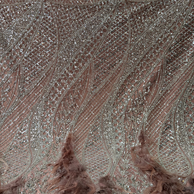Dusty Pink / White Beaded with Dusty Pink Feathers Lace / Metre