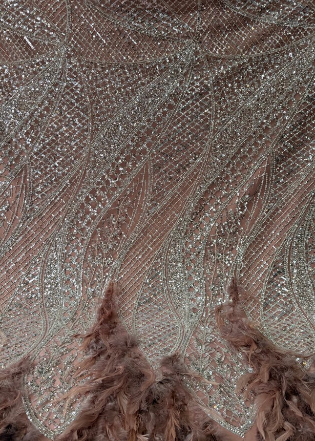 Dusty Pink / White Beaded with Dusty Pink Feathers Lace / Metre