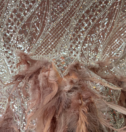 Dusty Pink / White Beaded with Dusty Pink Feathers Lace / Metre