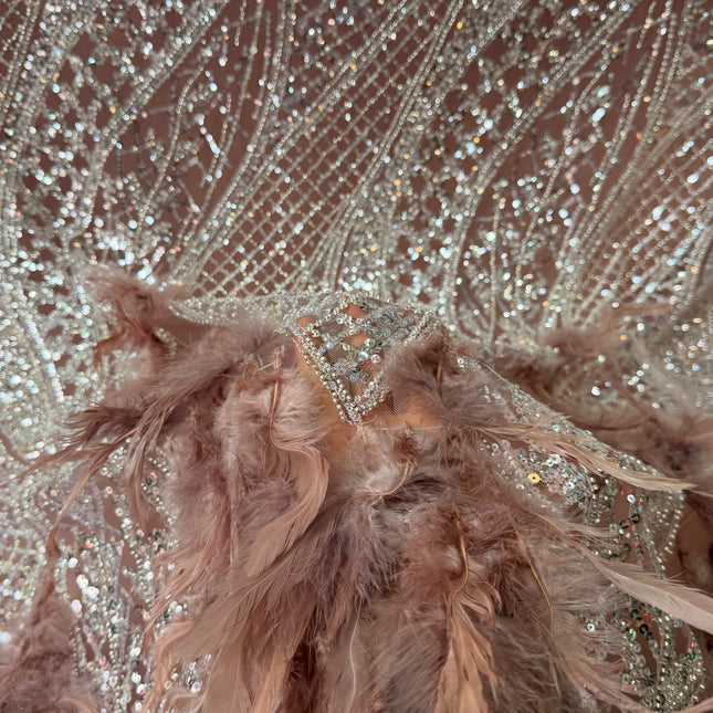 Dusty Pink / White Beaded with Dusty Pink Feathers Lace / Metre