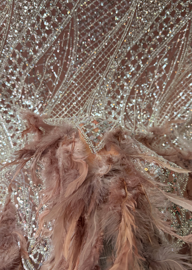 Dusty Pink / White Beaded with Dusty Pink Feathers Lace / Metre