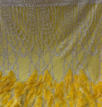 Yellow / White Beaded with Yellow Feathers Lace / Metre