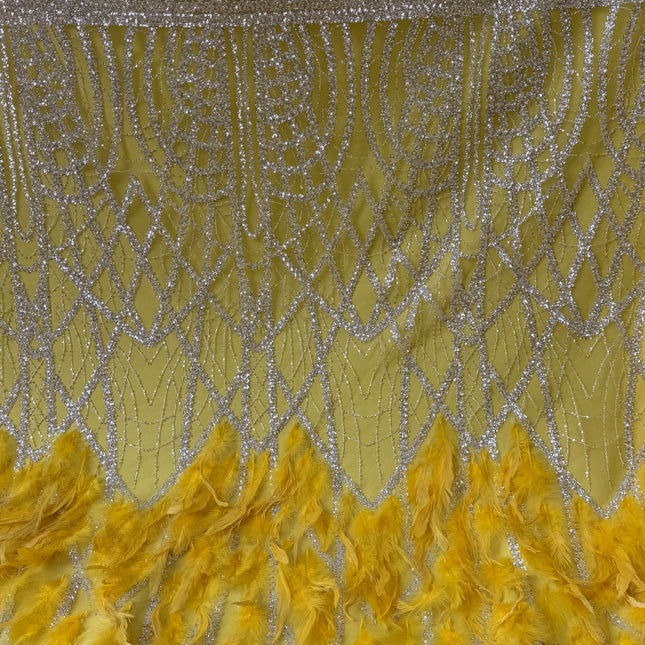 Yellow / White Beaded with Yellow Feathers Lace / Metre