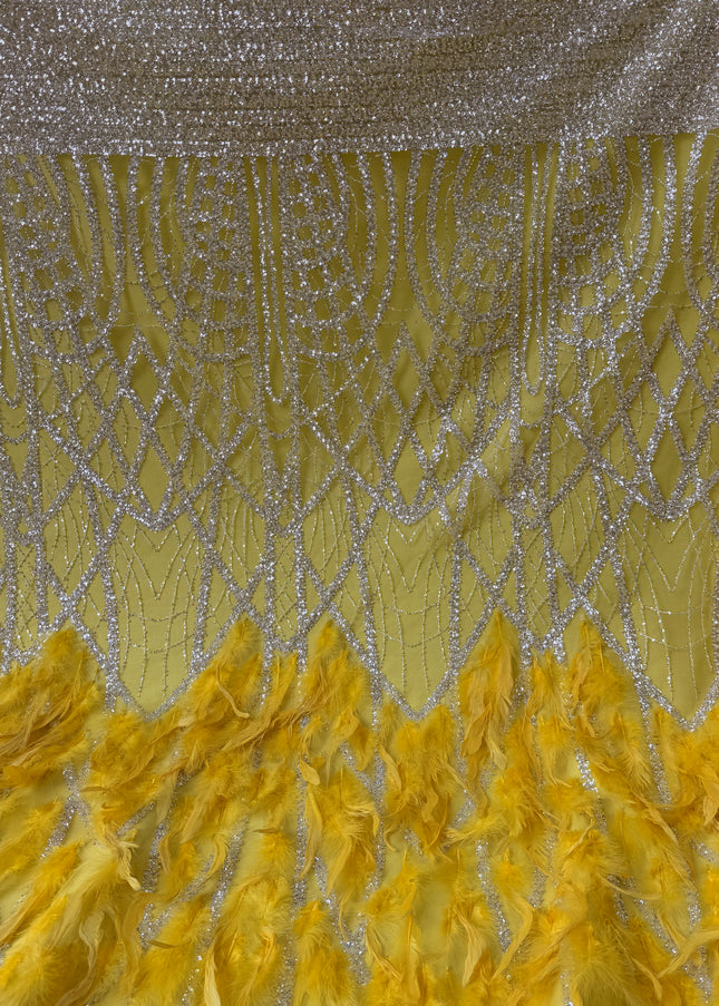 Yellow / White Beaded with Yellow Feathers Lace / Metre
