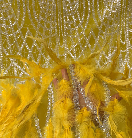Yellow / White Beaded with Yellow Feathers Lace / Metre