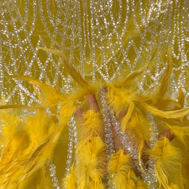 Yellow / White Beaded with Yellow Feathers Lace / Metre