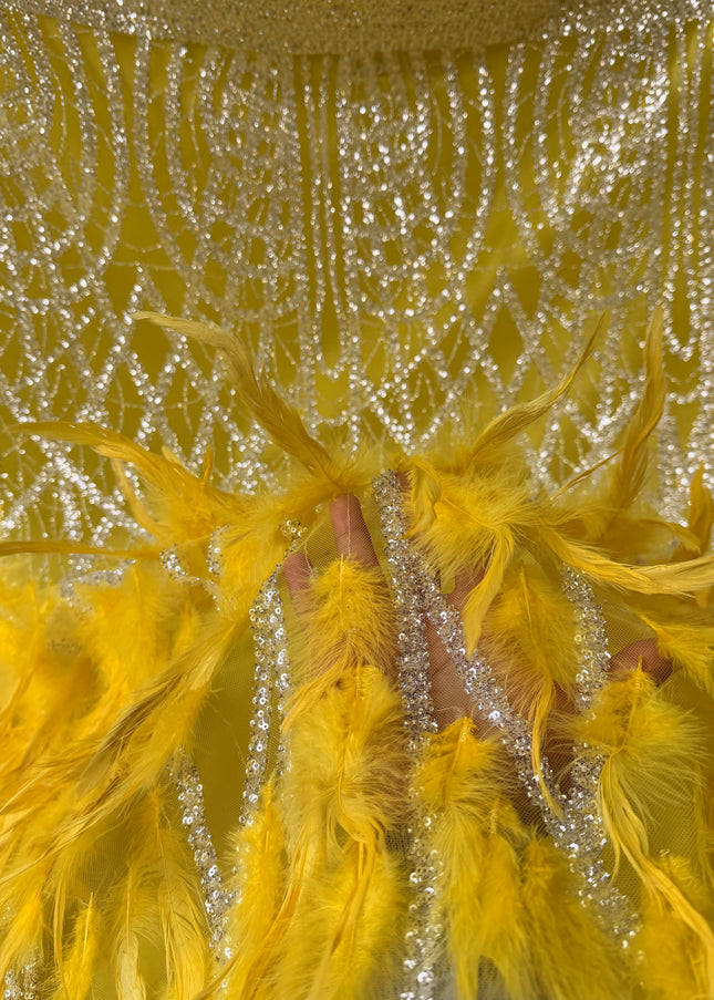 Yellow / White Beaded with Yellow Feathers Lace / Metre