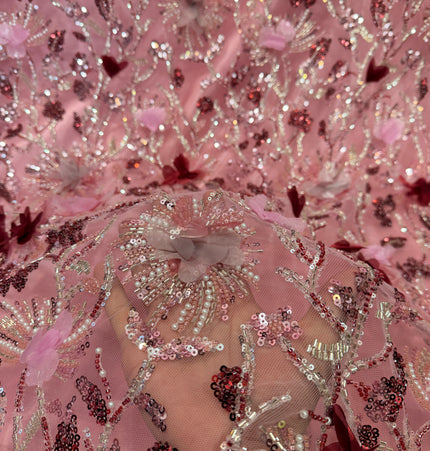 Stunning Pink 3D Beaded Lace Fabric / Metre