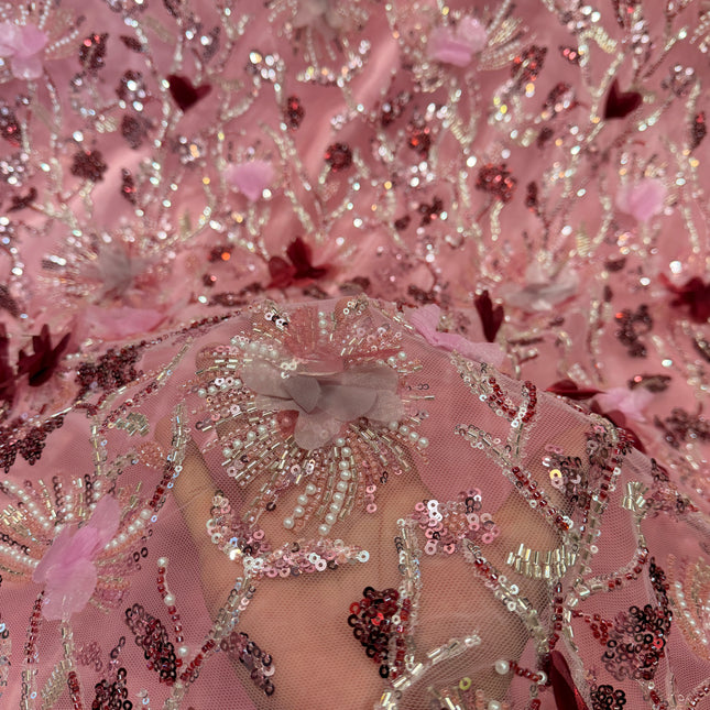 Stunning Pink 3D Beaded Lace Fabric / Metre