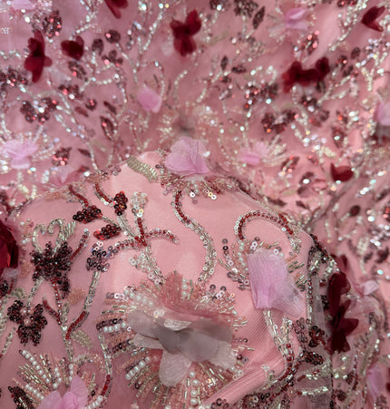Stunning Pink 3D Beaded Lace Fabric / Metre
