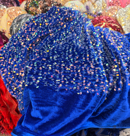 Royal Blue Velvet Silver Sequin Fabric / Metre