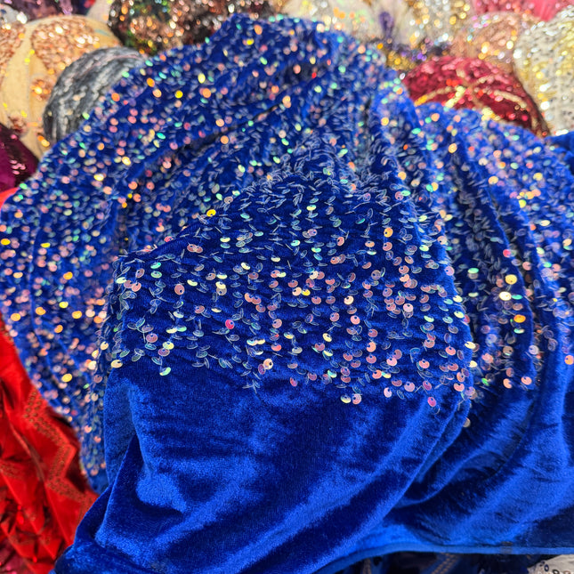 Royal Blue Velvet Silver Sequin Fabric / Metre