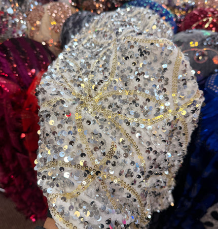 White Velvet Gold & Silver Sequin Fabric / Metre