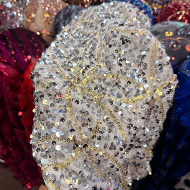 White Velvet Gold & Silver Sequin Fabric / Metre