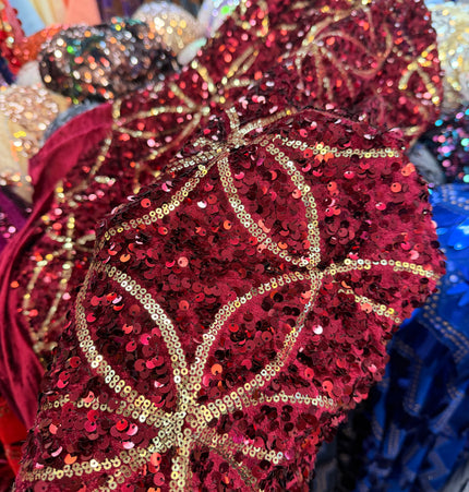 Maroon Velvet Gold & Maroon Sequin Fabric / Metre